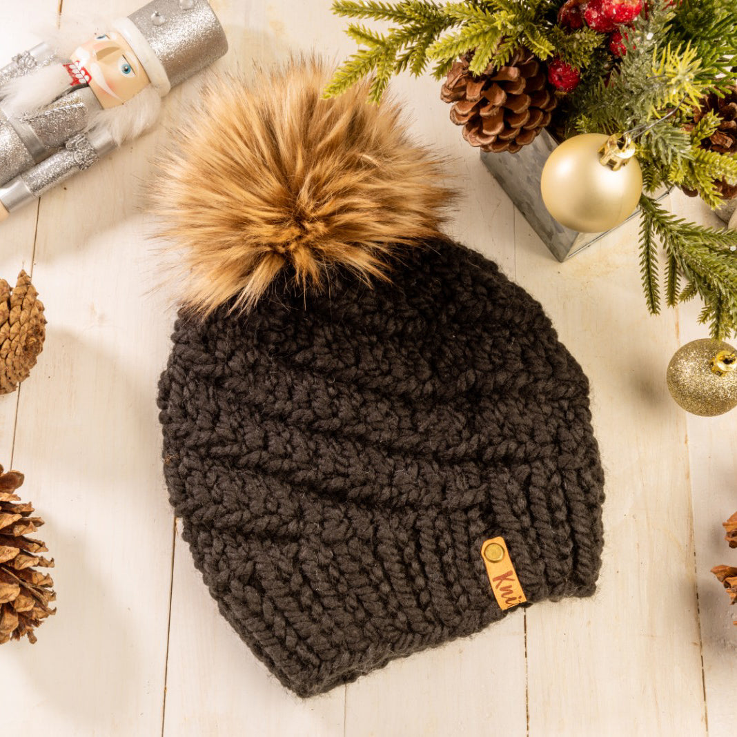 Black Whirlstream Hat with Faux Fur Pom - Knitted